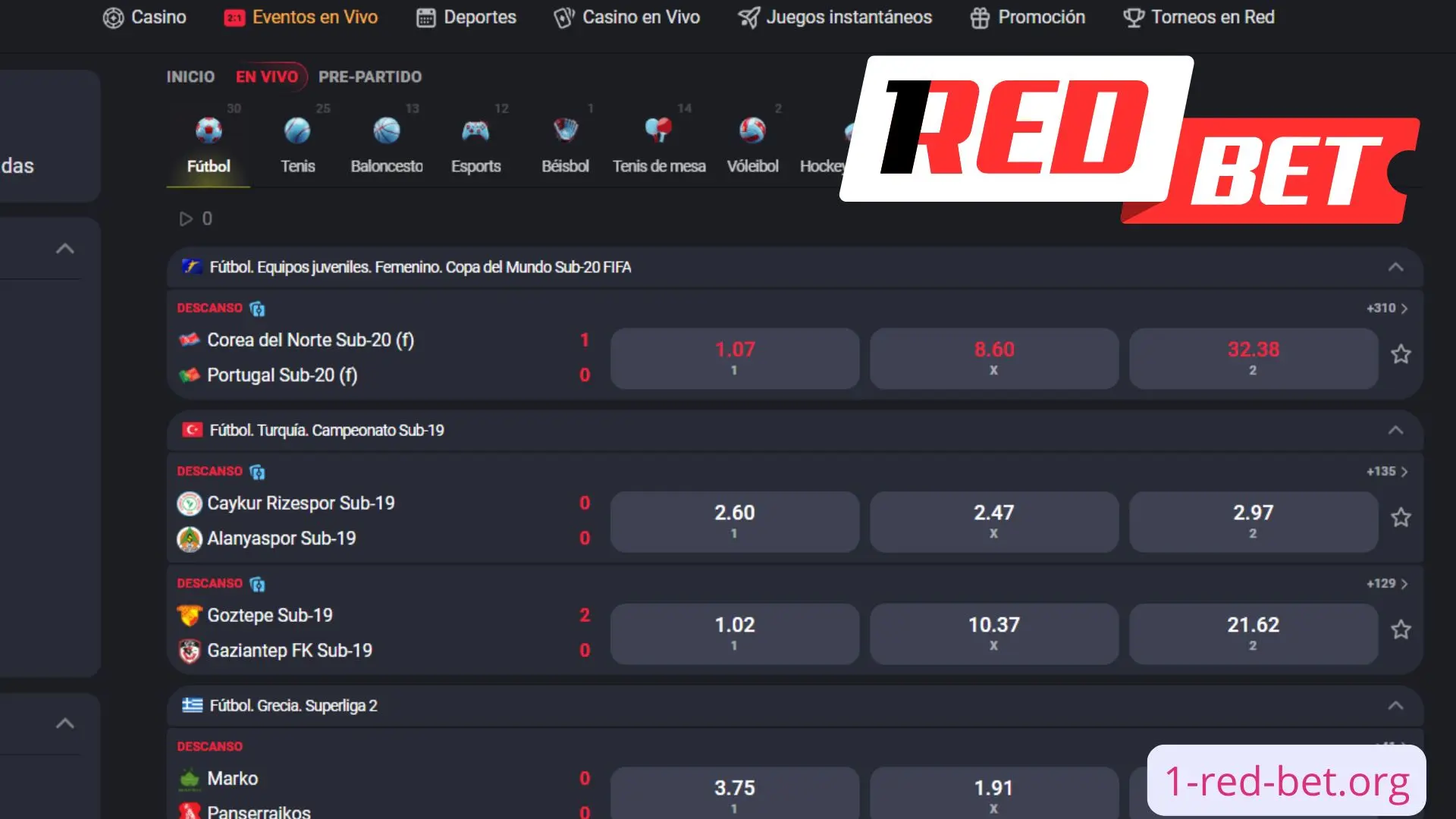 Interfaz de apuestas deportivas en vivo de 1RedBet con partidos y cuotas